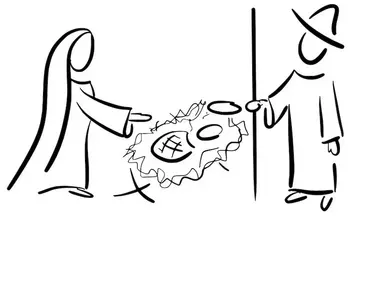 Krippe - Grafik SVG Strichzeichnung einer von Maria und Joseph vor einer Futterkripppe mit Jesuskind